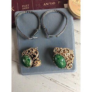 Vintage Earring Duo – Silver Textured Hoops & Gold Filigree Green Stone Clip-Ons